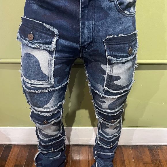Bleecker&Mercer Camouflage Cargo Jeans blue premium denim stack flare fit - Picture 5 of 5